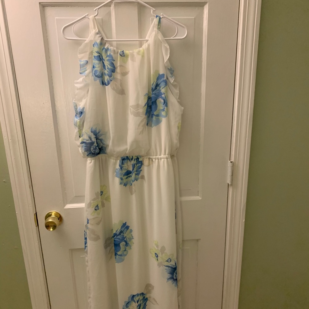 Light, flowing white halter scalloped dress